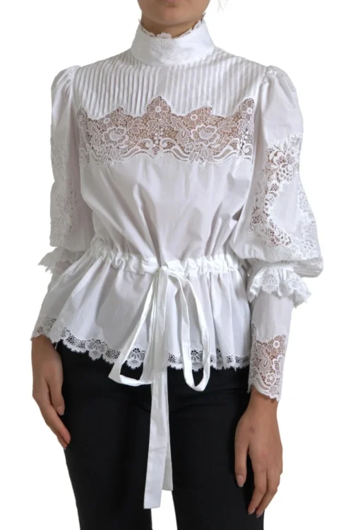 Dolce & Gabbana White Cotton Lace Trim Turtle Neck Blouse