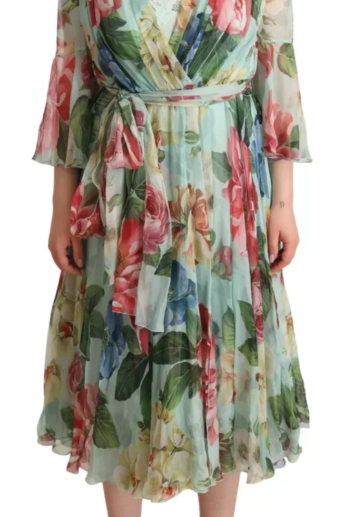 Dolce & Gabbana Green Floral Long Sleeve V-neck Midi Dress