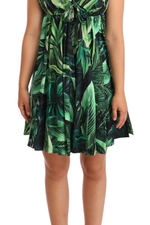 Dolce & Gabbana Elegant Flared Mini A-Line Dress in Green Leaf Print