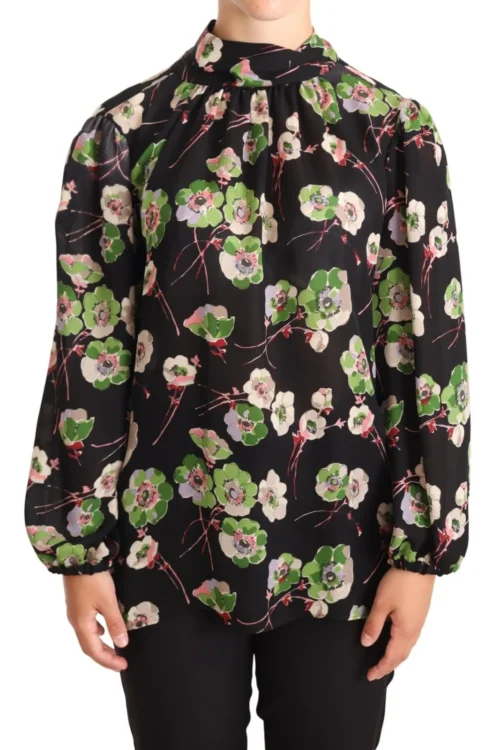 Dolce & Gabbana Silk Black Floral Print Long Sleeve Top Blouse
