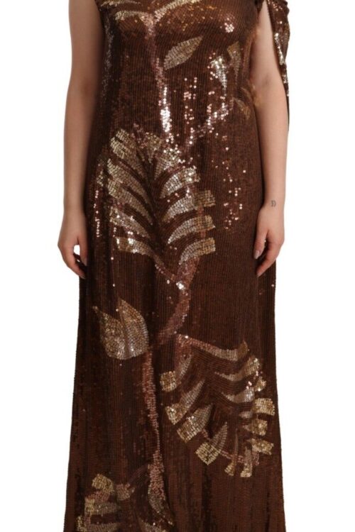 Dsquared² Brown Leaf Sequined Shift One Shoulder Long Dress