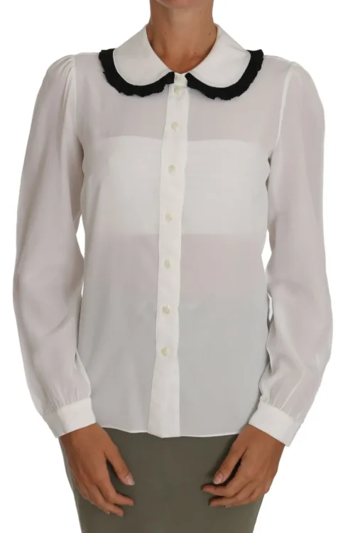 Dolce & Gabbana White Silk Shirt Ruffle Rouded Collar Blouse