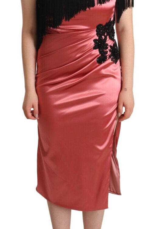 Dolce & Gabbana Elegant Pink Maxi Dress with Black Tassel Accent