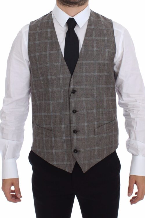 Dolce & Gabbana Elegant Brown Checkered Wool Dress Vest