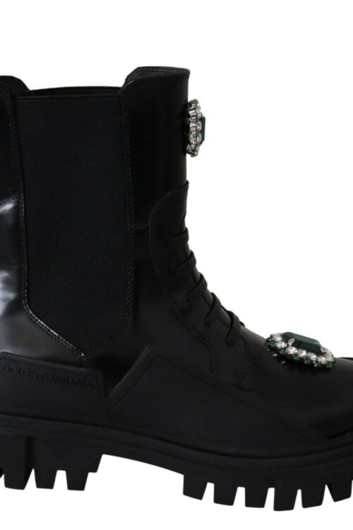 Dolce & Gabbana Elegant Black Leather Combat Boots with Crystal Detail