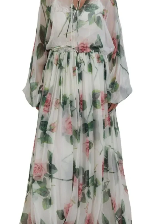 Dolce & Gabbana Elegant White Silk Maxi Dress with Pink Roses