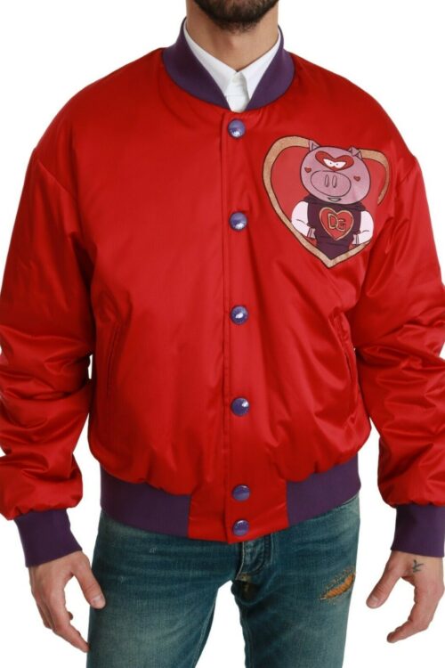 Dolce & Gabbana Vibrant Red Bomber Jacket with Multicolor Motif