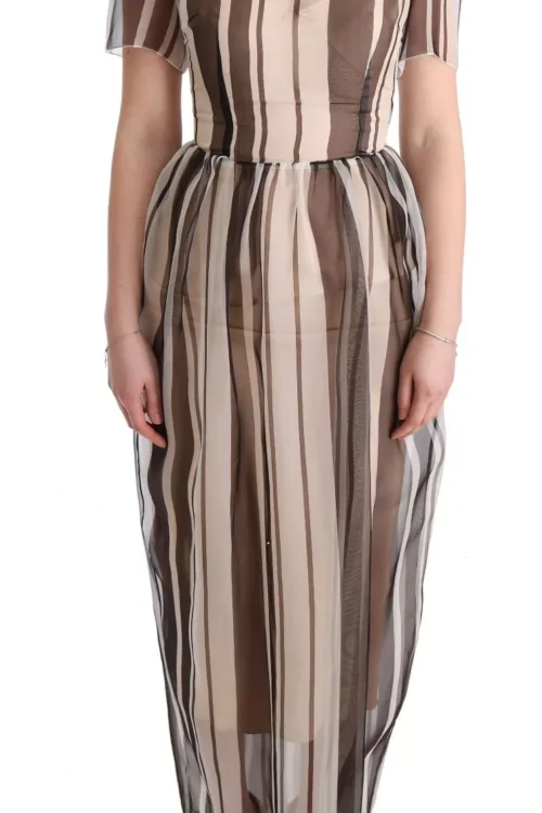 Dolce & Gabbana Beige Brown Striped Silk Sheath Dress