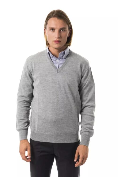 Uominitaliani Embroidered Wool V-Neck Sweater – Elegant Gray