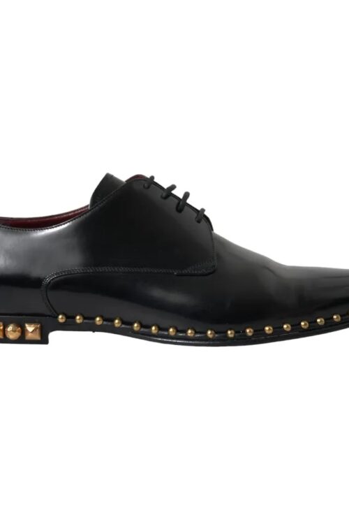 Dolce & Gabbana Black Leather Gold Studded Derby Dress Shoes