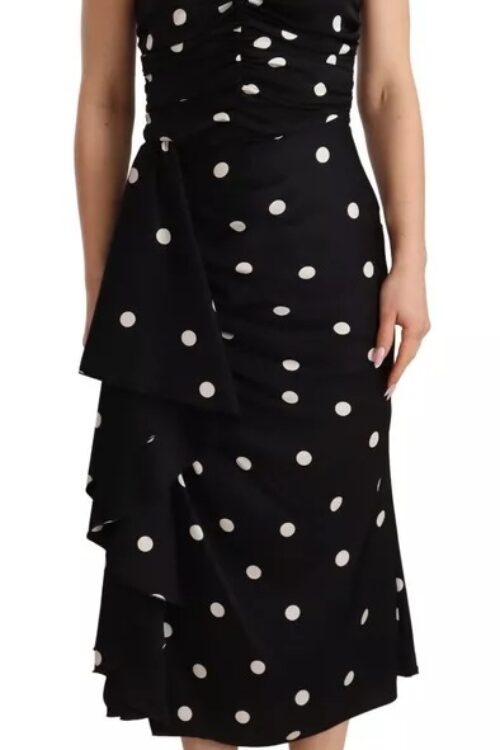 Dolce & Gabbana Black Silk Polka Dots V-neck Sheath Midi Dress
