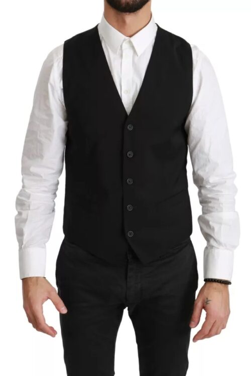 Dolce & Gabbana Black Wool Stretch Waistcoat Formal Dress Vest