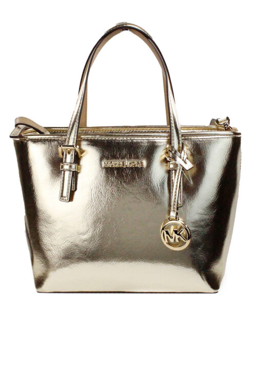 Michael Kors Jet Set Pale Gold Metallic XS Carryall Top Zip Tote Bag Purse
