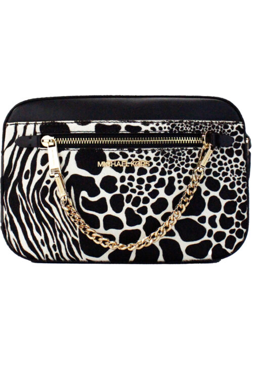 Michael Kors Jet Set Large East West Black Haircalf Zip Chain Crossbody Bag