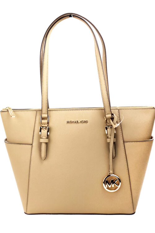 Michael Kors Charlotte Camel Large Leather Top Zip Tote Bag Purse