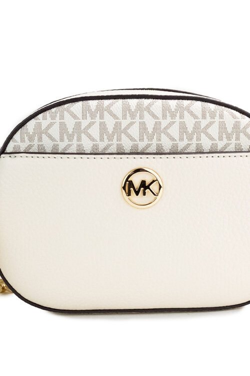 Michael Kors Jet Set Glam Light Cream Leather Oval Crossbody Bag Purse
